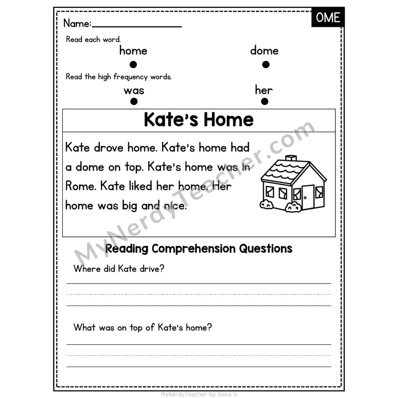 OME Word Family Decodable Passage - Kate's Home