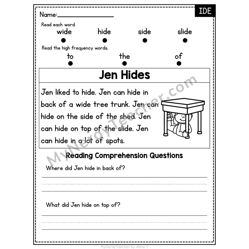 IDE Word Family Decodable Passage - Jen Hides