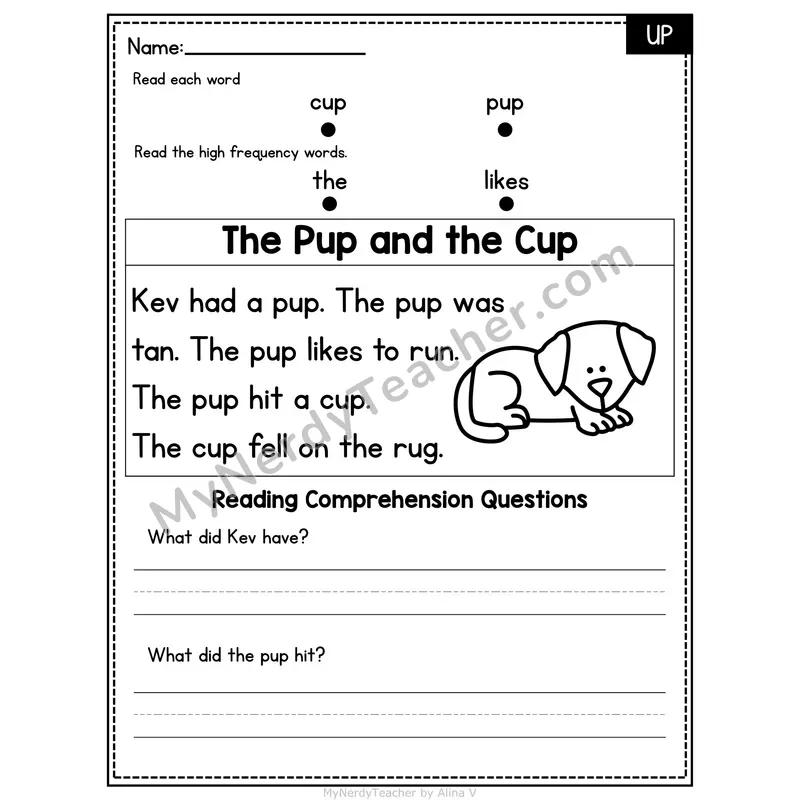 UP Word Family Decodable Passage - The Pup and the Cup