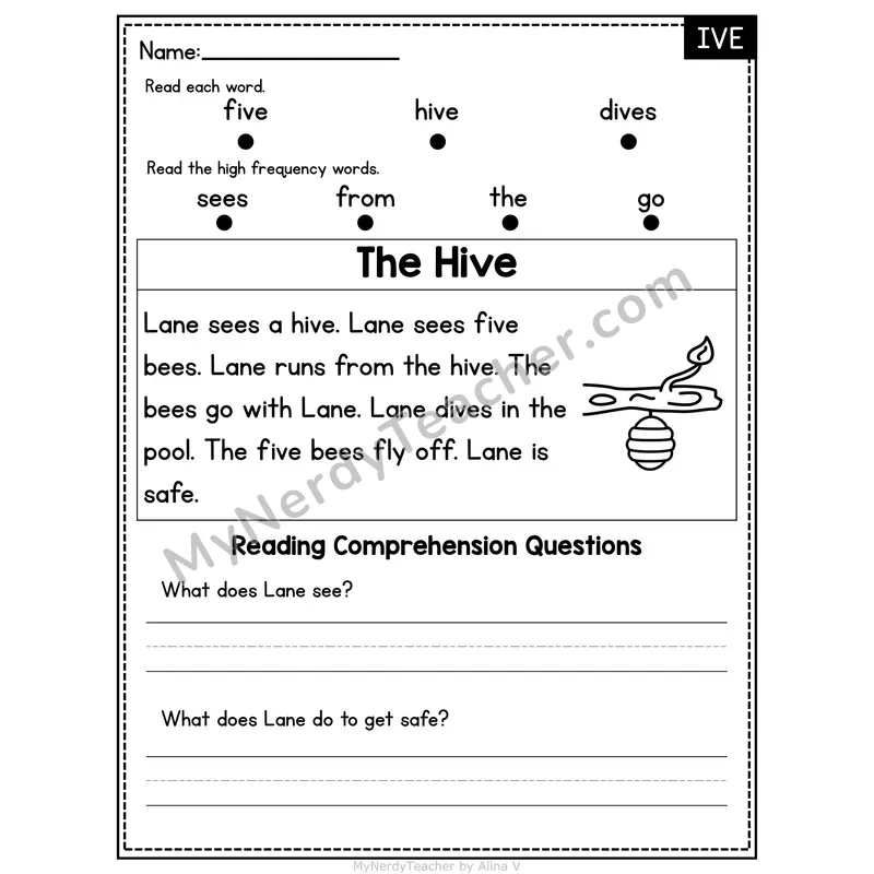IVE Word Family Decodable Passage - The Hive