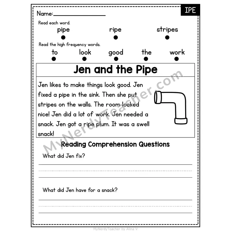 IPE Word Family Decodable Passage - Jen and the Pipe