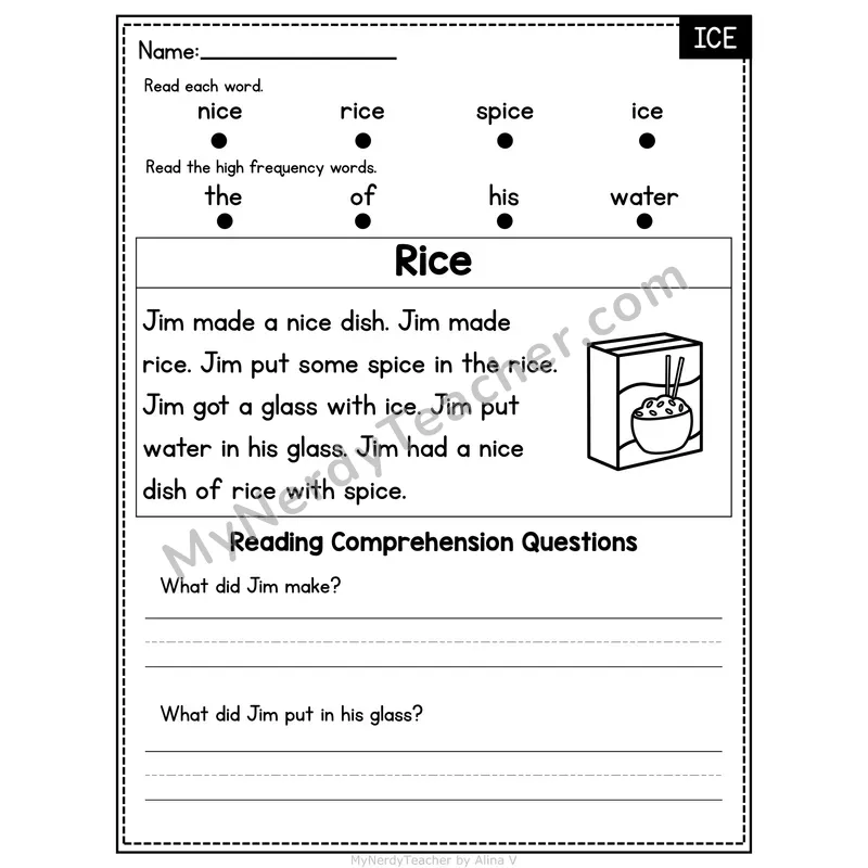 ICE Word Family Decodable Passage - Rice