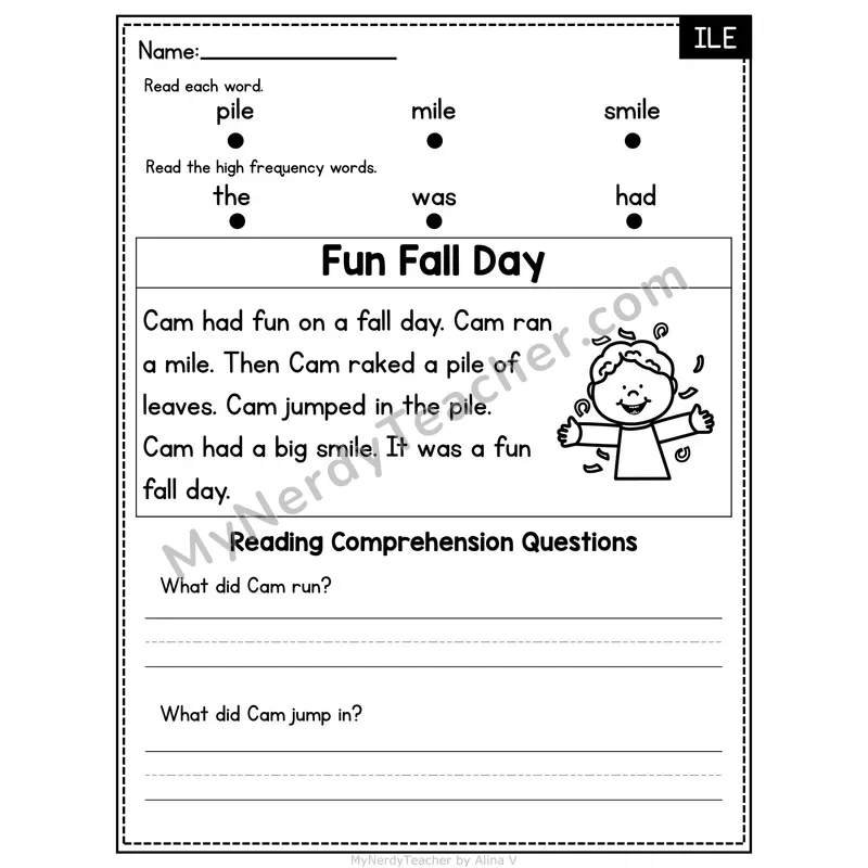 ILE Word Family Decodable Passage - Fun Fall Day