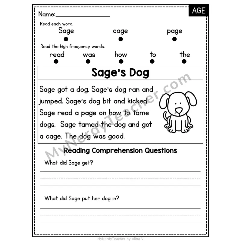 AGE Word Family Decodable Passage - Sage's Dog