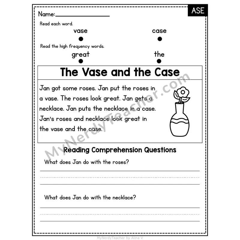 ASE Word Family Decodable Passage - The Vase and the Case