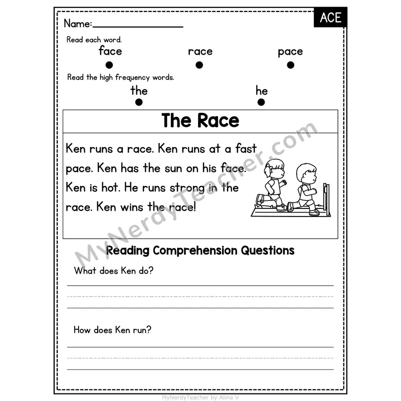 ACE Word Family Decodable Passage - The Race
