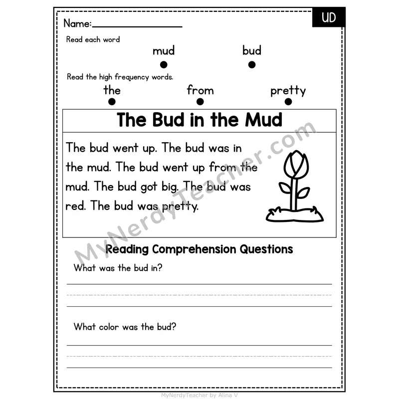 UD Word Family Decodable Passage - The Bud in the Mud