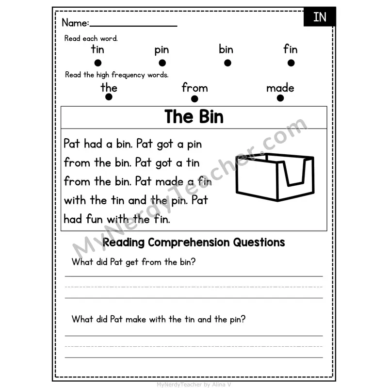 IN Word Family Decodable Passage - The Bin