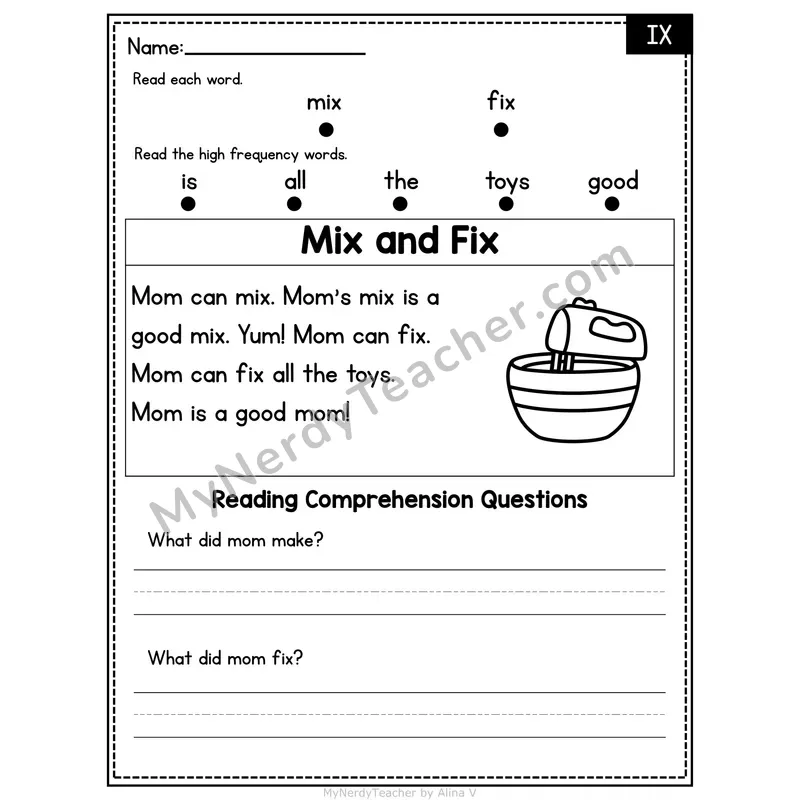 IX Word Family Decodable Passage - Mix and Fix