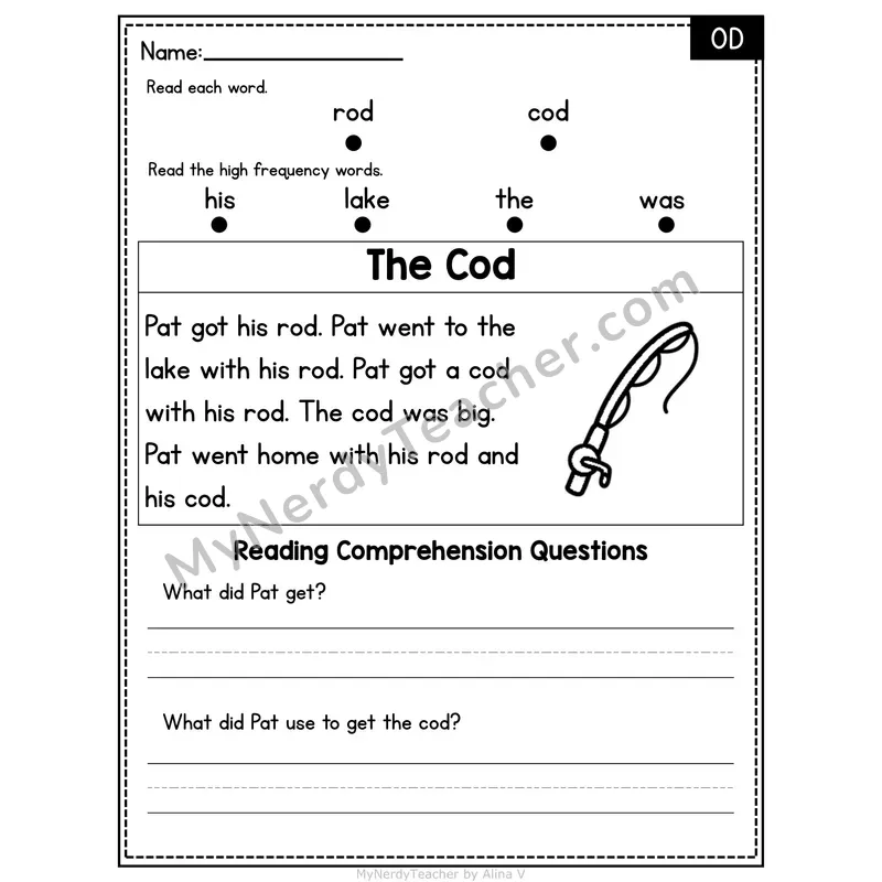 OD Word Family Decodable Passage - The Cod