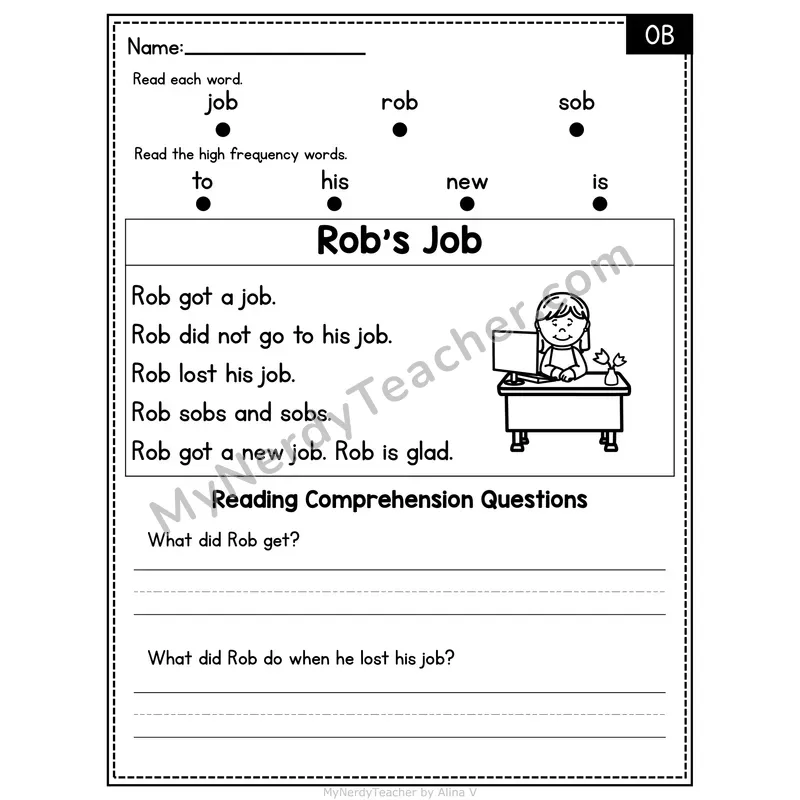 OB Word Family Decodable Passage - Rob's Job