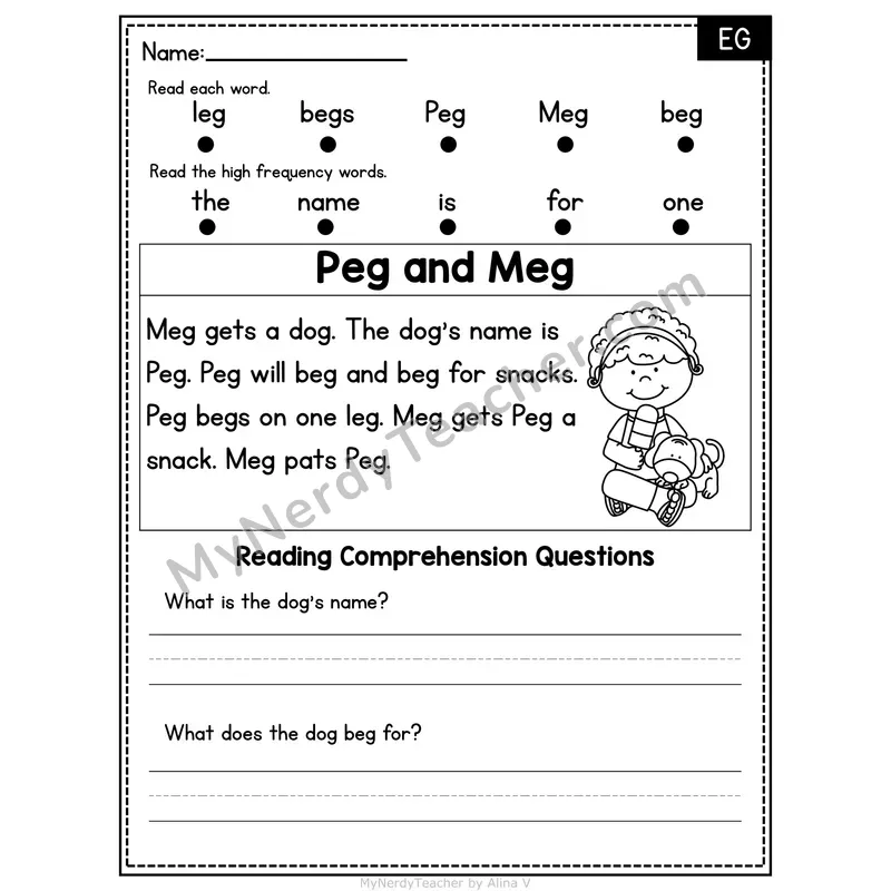 EG Word Family Decodable Passage - Peg and Meg