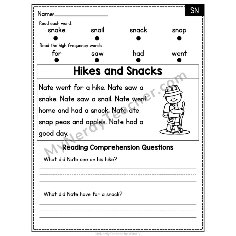 SN Blend Decodable Passage - Hikes and Snacks