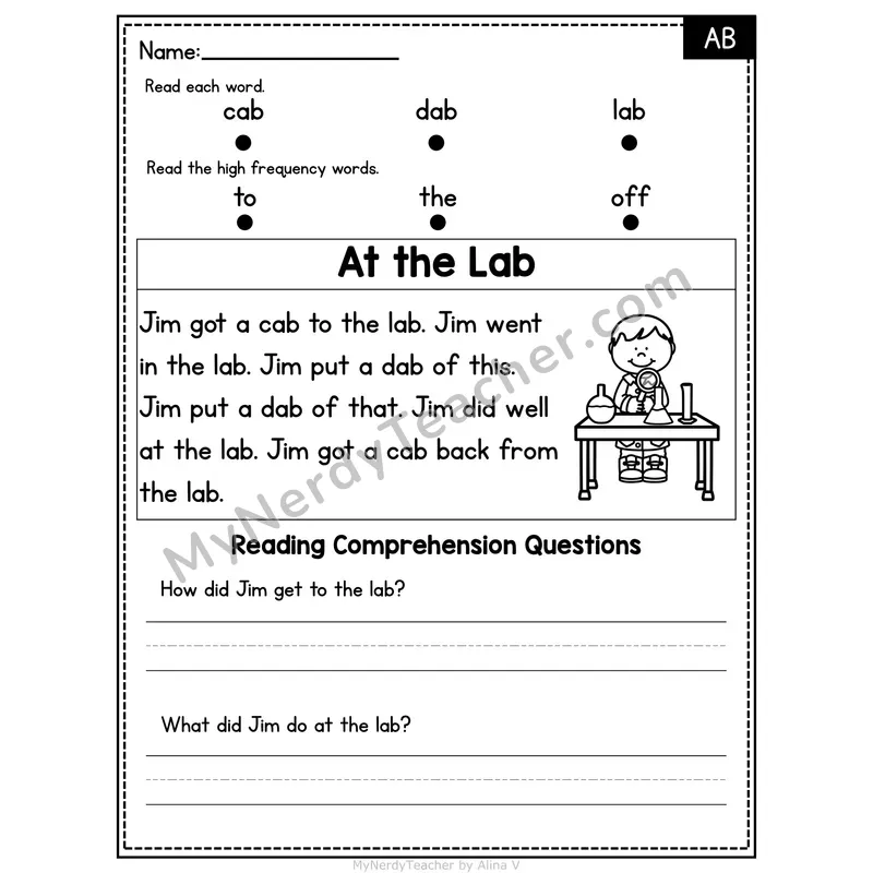 AB Word Family Decodable Passage - At the Lab