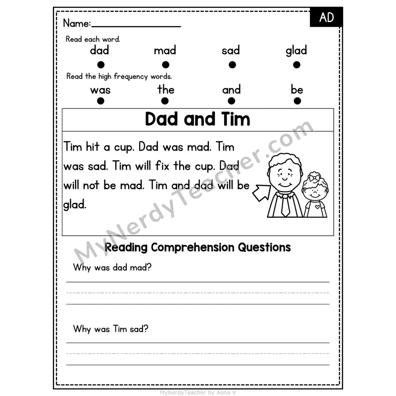 AD Word Family Decodable Passage - Dad and Tim
