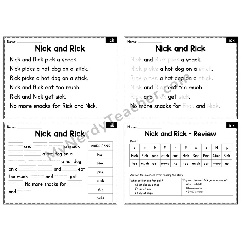 ICK Word Family Decodable Passage - Nick and Rick