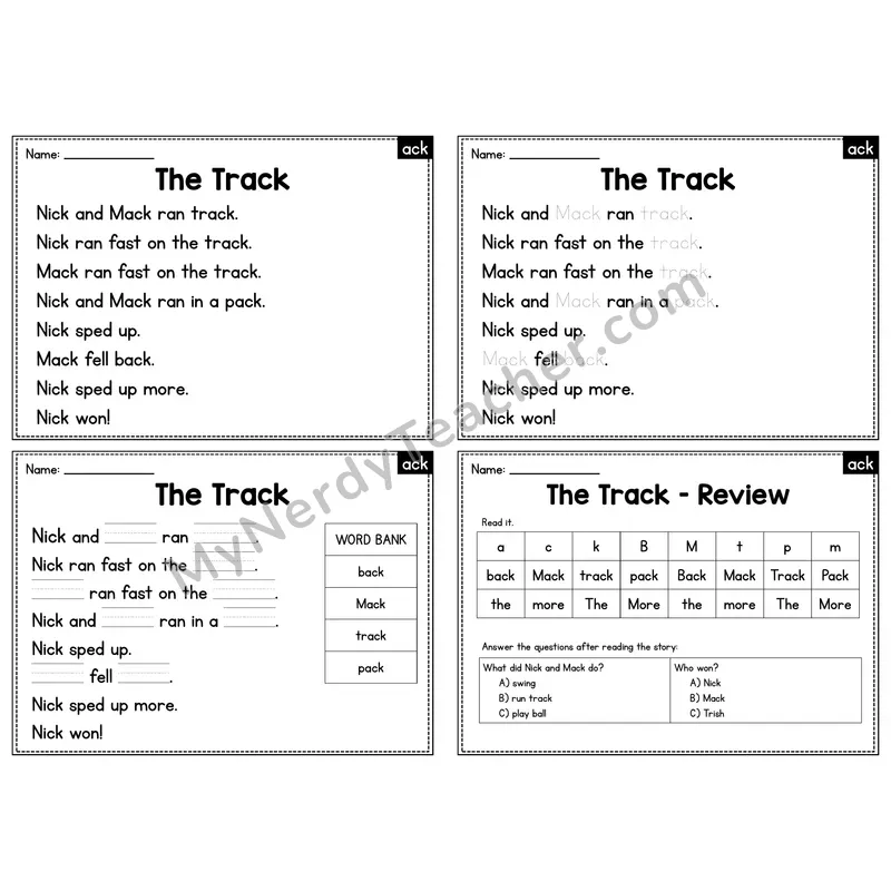 ACK Word Family Decodable Passage - The Track