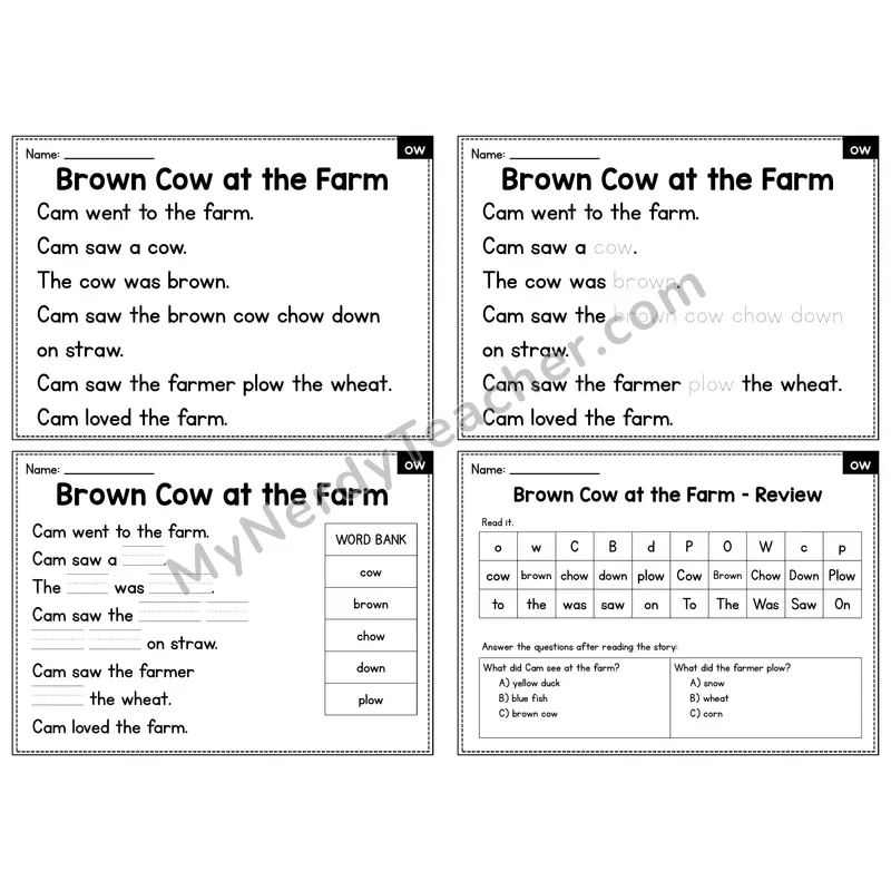 OW Diphthong Decodable Passage - Brown Cow at the Farm