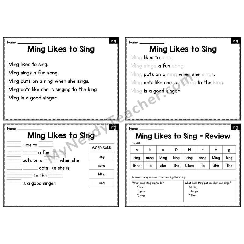 NG Digraph Decodable Passage - Ming Likes to Sing
