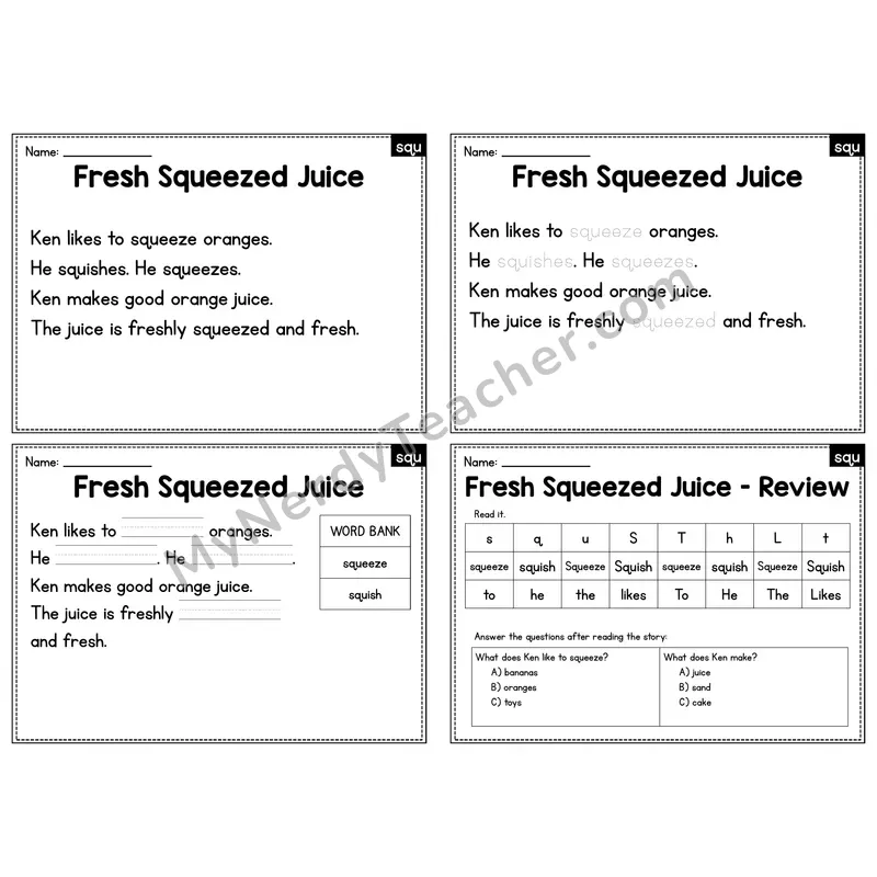 SQU Trigraph Decodable Passage - Fresh Squeezed Juice