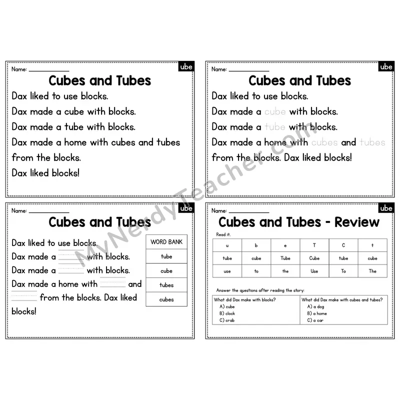 UBE Word Family Decodable Passage - Cubes and Tubes