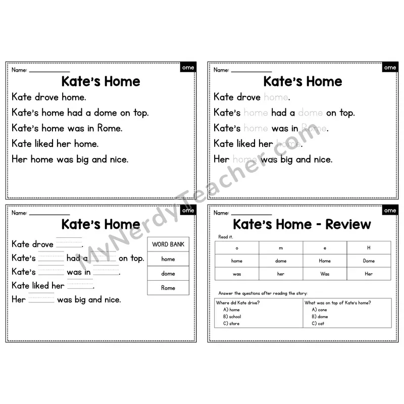 OME Word Family Decodable Passage - Kate's Home