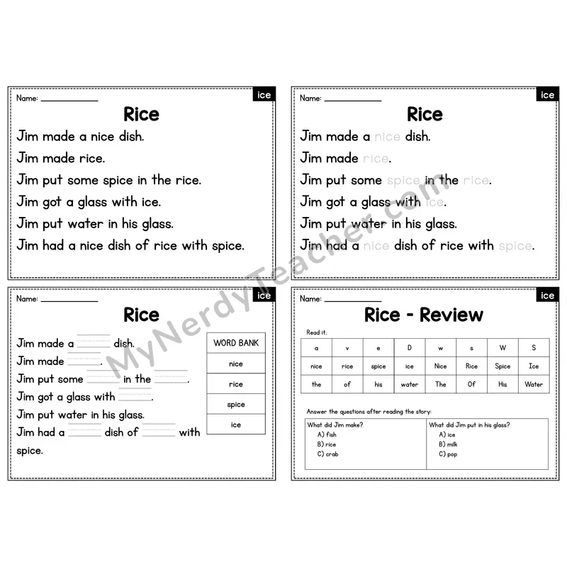 ICE Word Family Decodable Passage - Rice