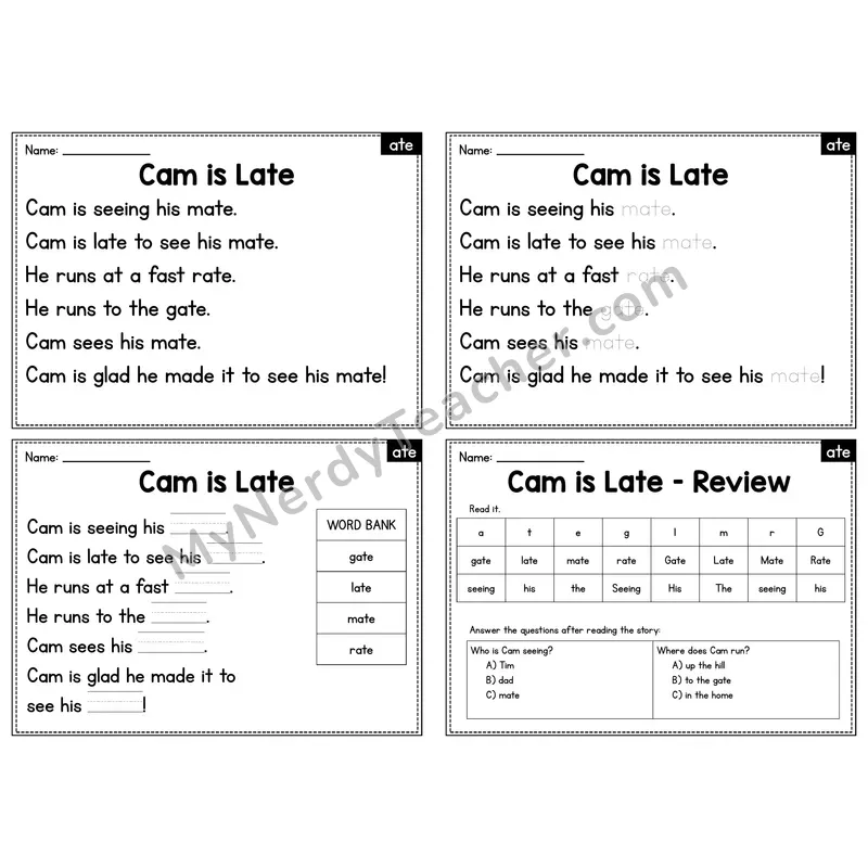 ATE Word Family Decodable Passage - Cam is Late