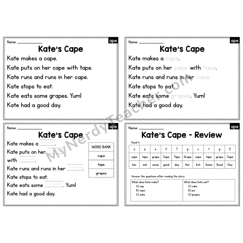 APE Word Family Decodable Passage - Kate's Cape