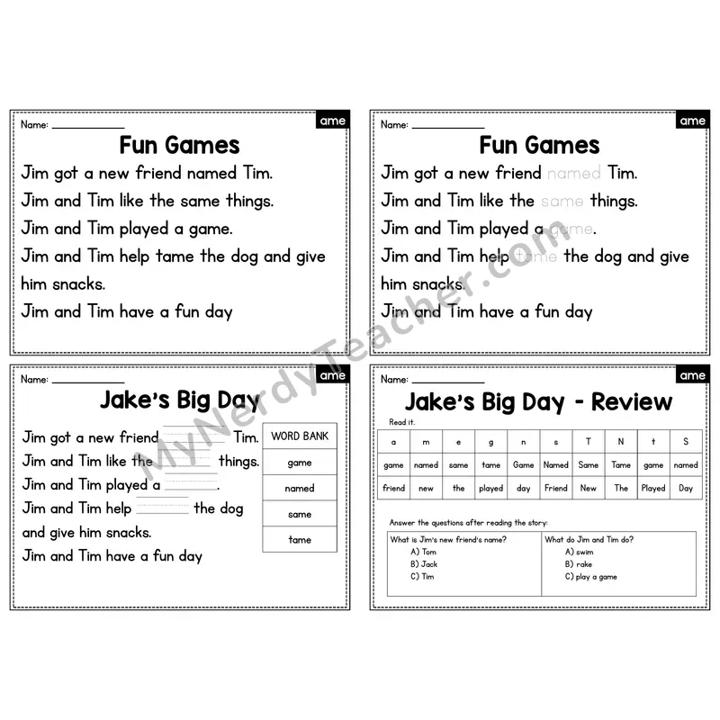 AME Word Family Decodable Passage - Fun Games
