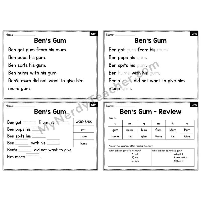UM Word Family Decodable Passage - Ben's Gum