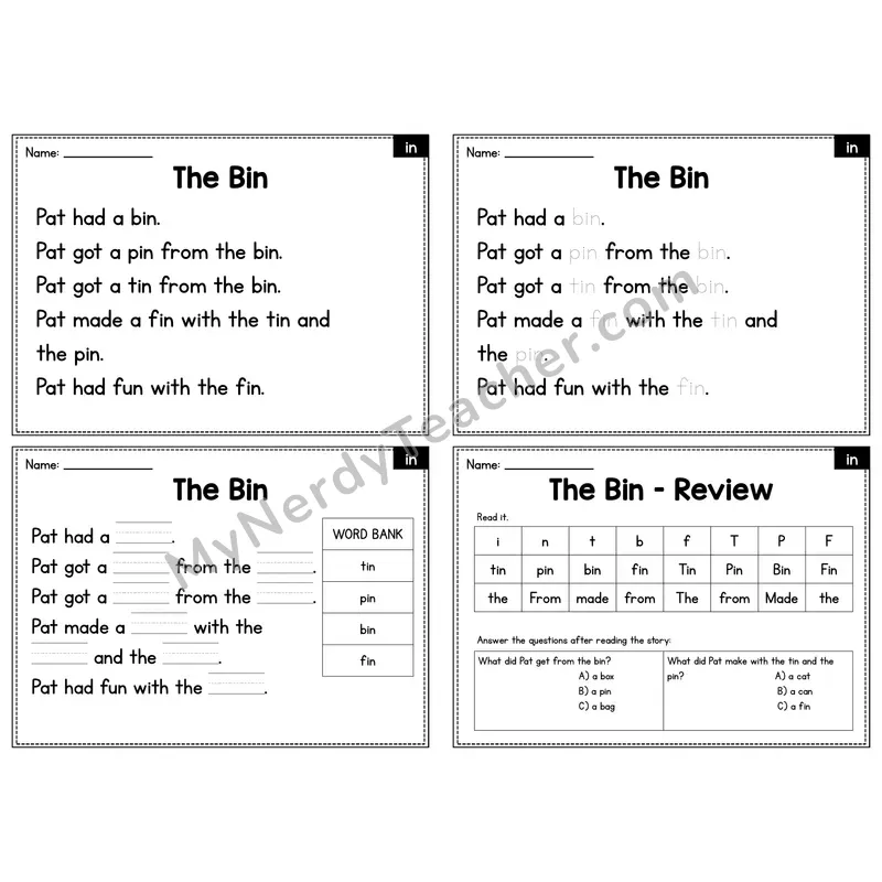 IN Word Family Decodable Passage - The Bin