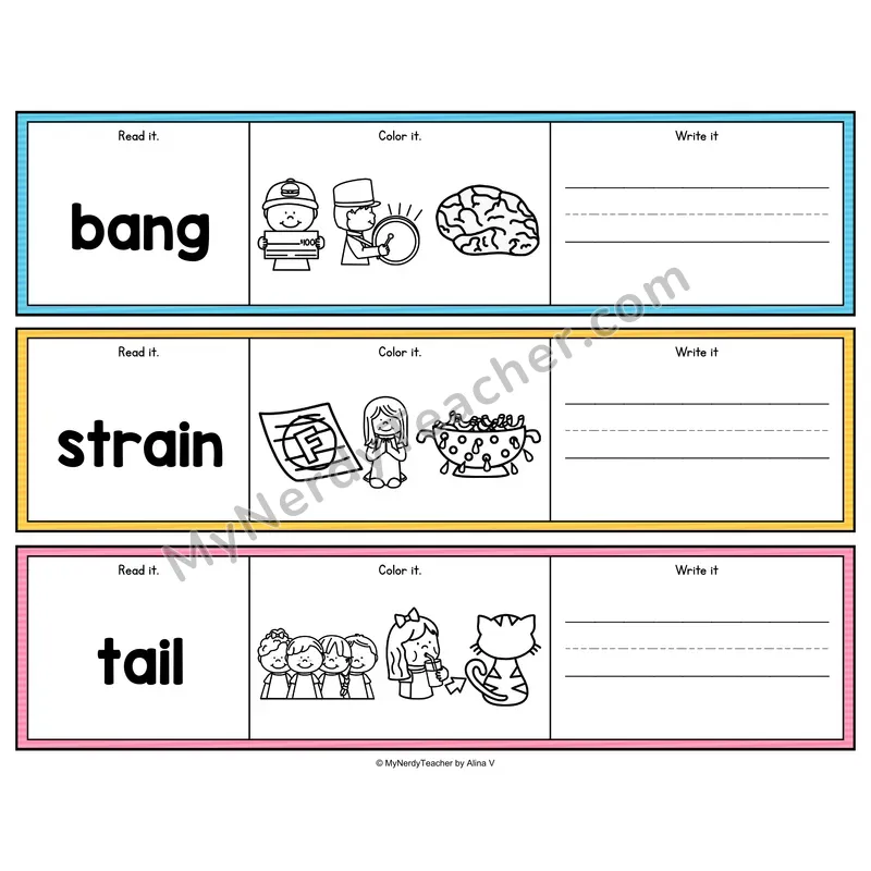 Long Vowel Read, Color & Write - Phonics Picture Strips