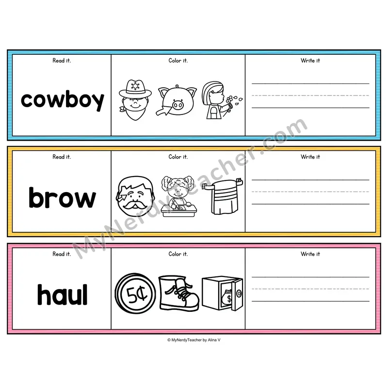 Diphthongs Read, Color & Write - Phonics Picture Strips