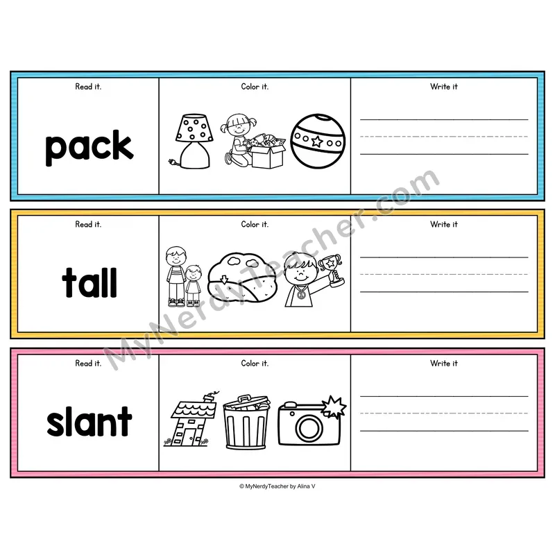 Short Vowel Read, Color & Write - Phonics Picture Strips