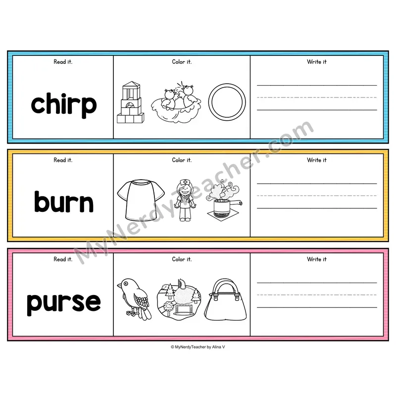 Bossy R Read, Color & Write - Phonics Picture Strips
