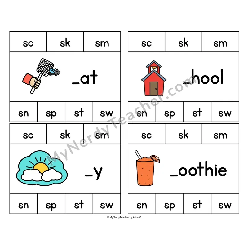 S Blends Clip Cards - Phonics Picture Task Cards