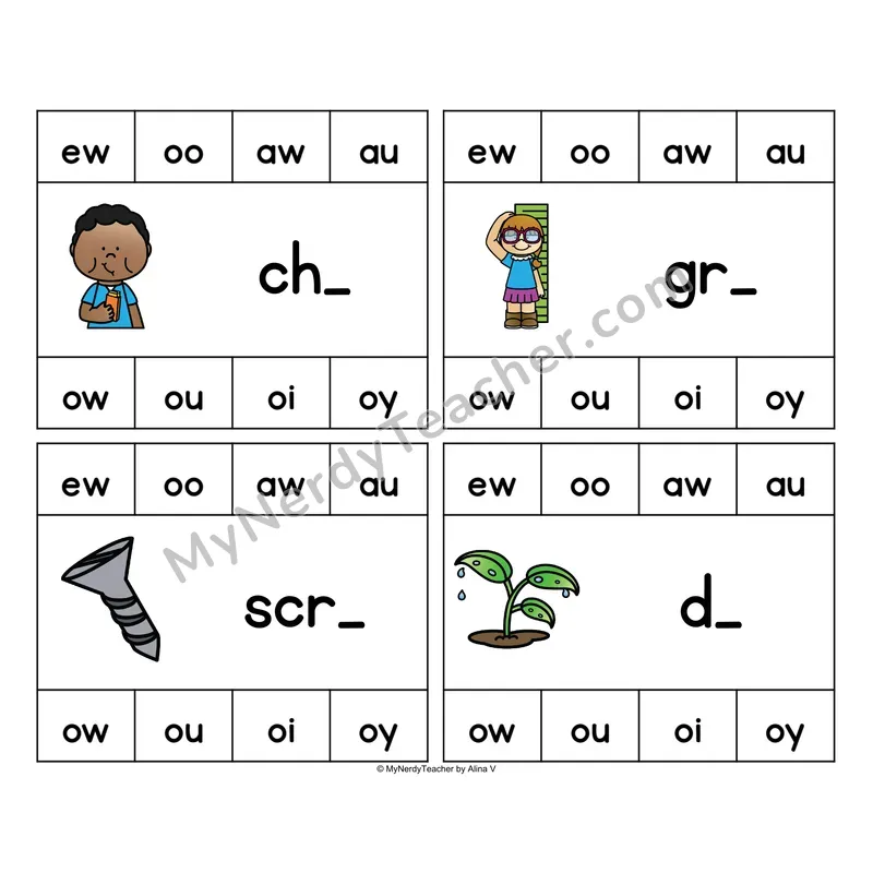 Diphthongs Clip Cards - Phonics Picture Task Cards