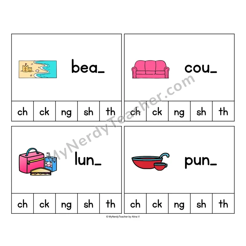 Ending Digraphs Clip Cards - Phonics Picture Task Cards