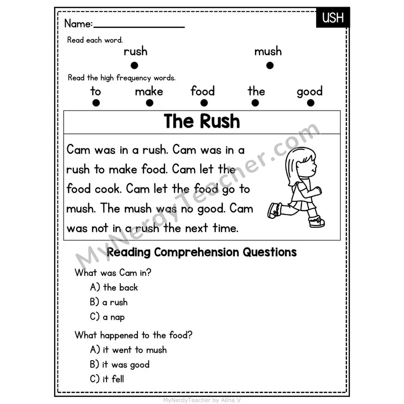 USH Word Family Decodable Passage - The Rush