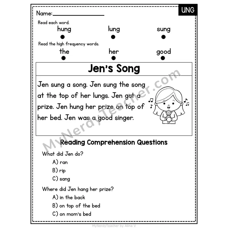 UNG Word Family Decodable Passage - Jen's Song