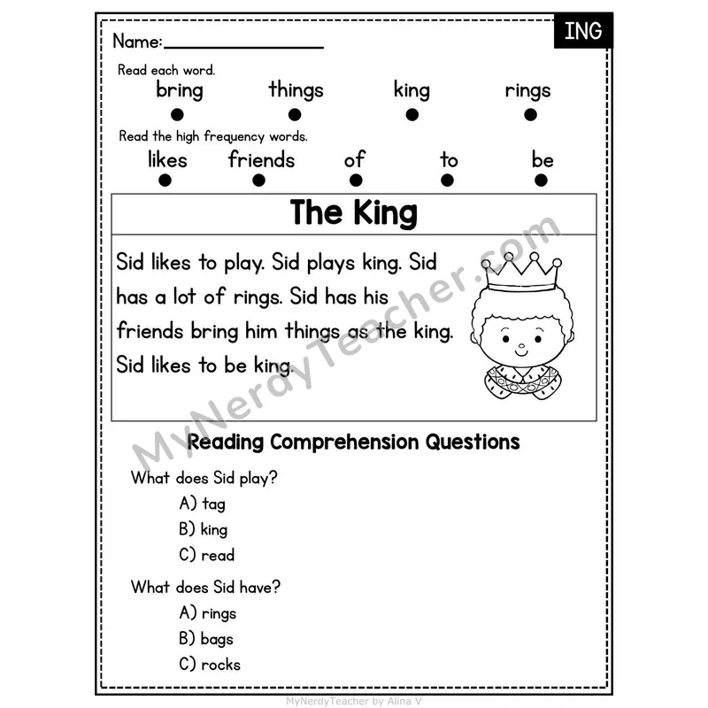 ING Word Family Decodable Passage - The King