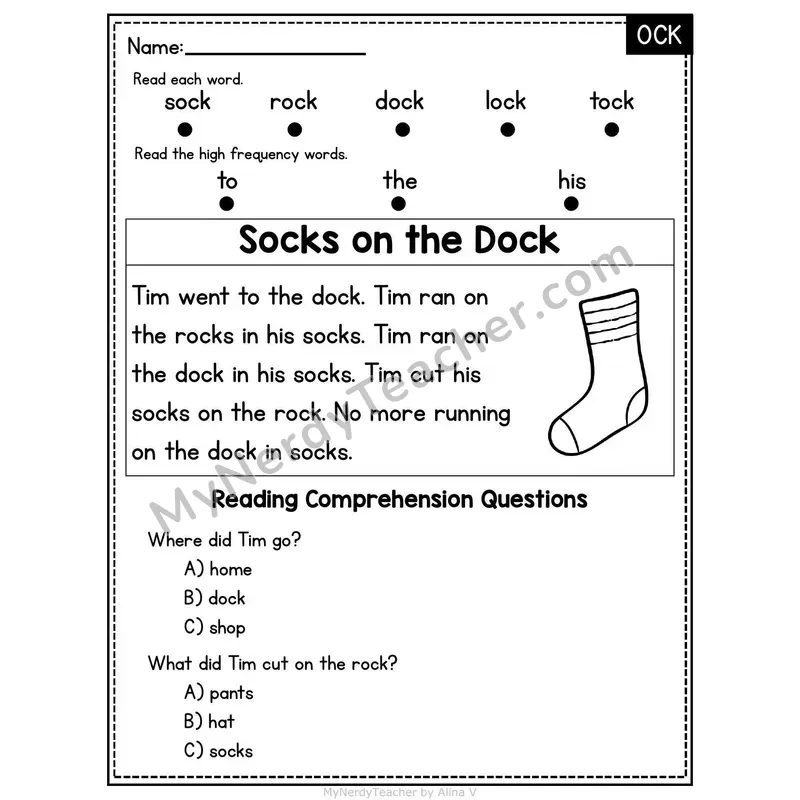 OCK Word Family Decodable Passage - Socks on the Dock