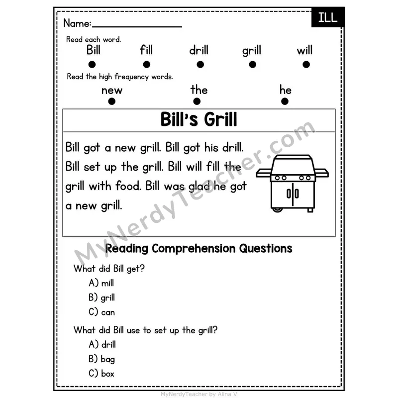 ILL Word Family Decodable Passage - Bill's Grill