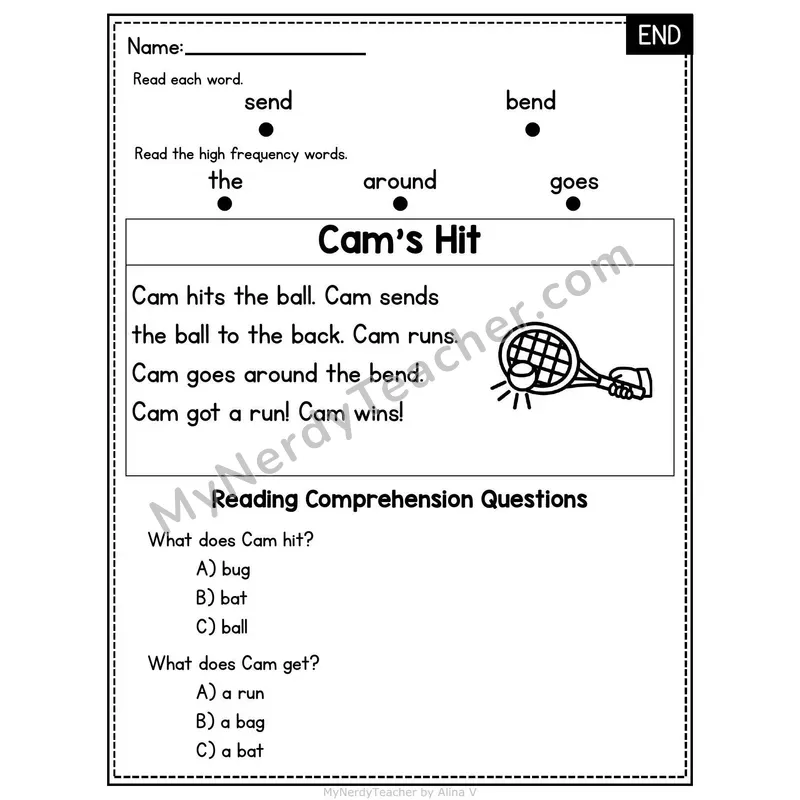 END Word Family Decodable Passage - Cam's Hit