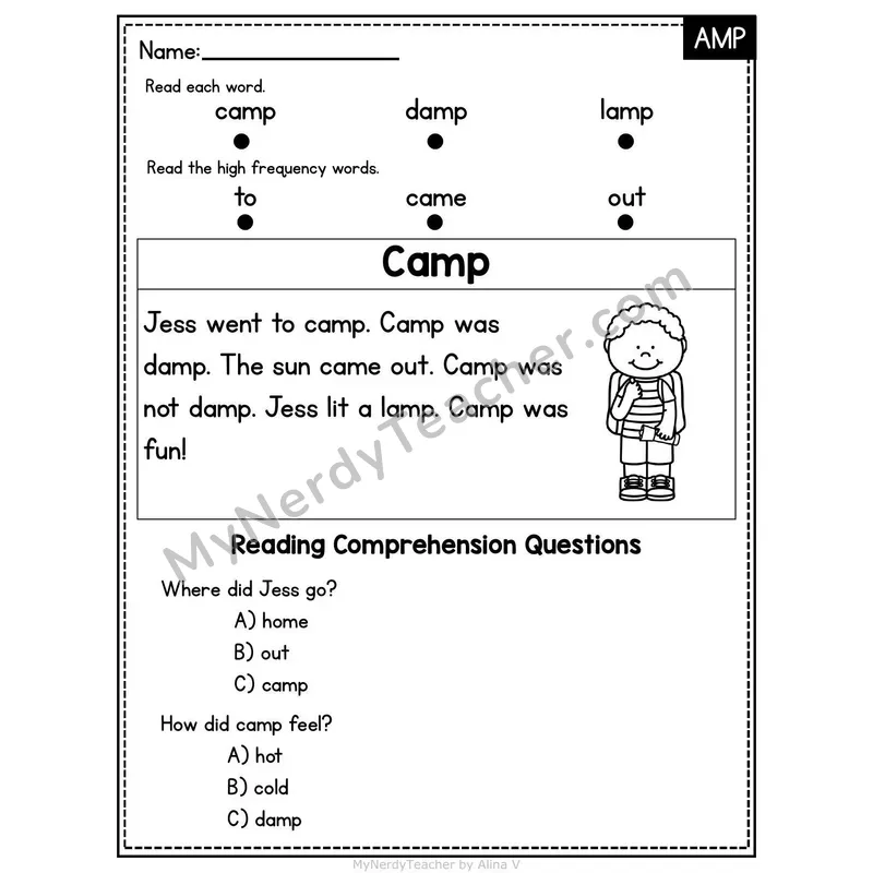 AMP Word Family Decodable Passage - Camp