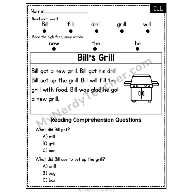 ILL Word Family Decodable Passage - Bill's Grill
