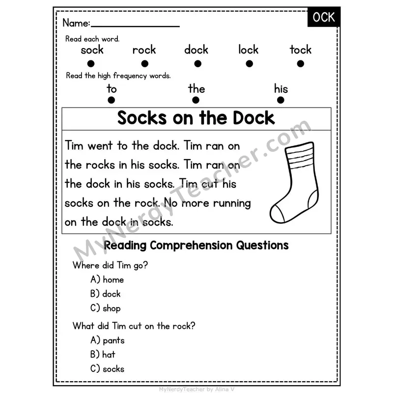 OCK Word Family Decodable Passage - Socks on the Dock