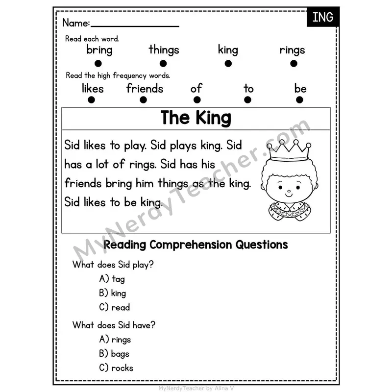 ING Word Family Decodable Passage - The King