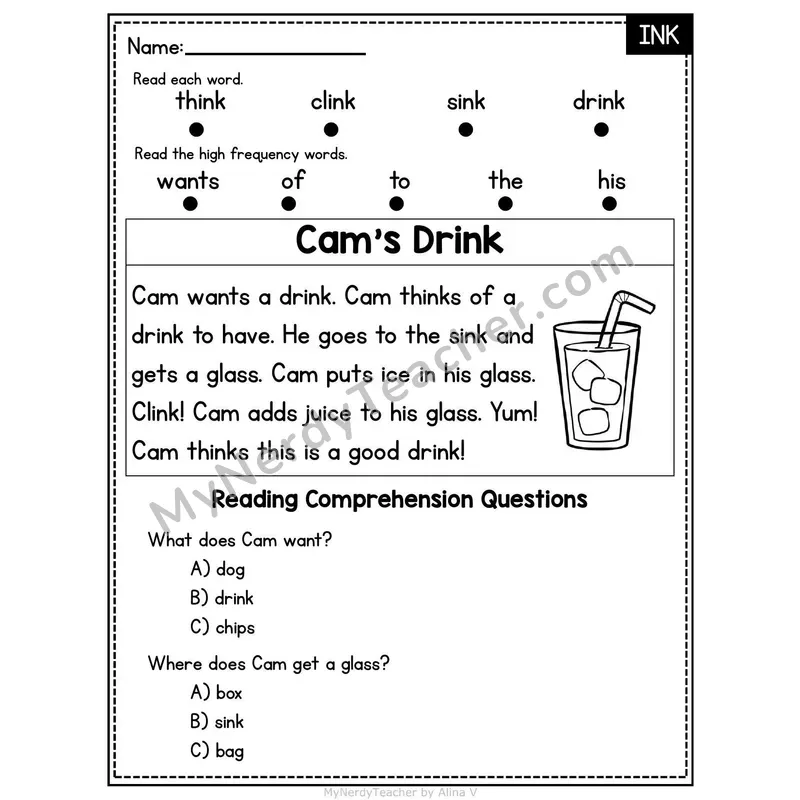 INK Word Family Decodable Passage - Cam's Drink